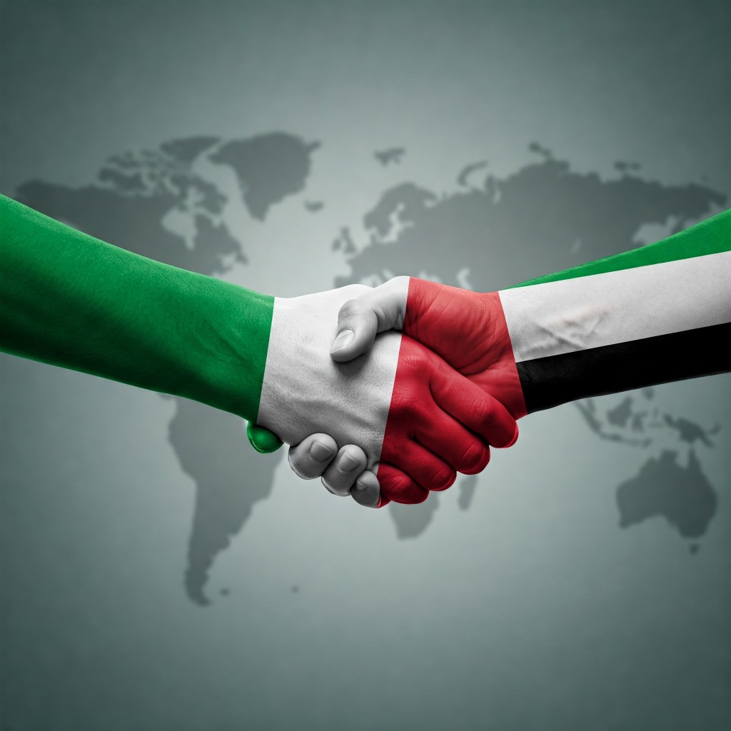 A handshake between two hands painted with the colors of the Italian and UAE flags, against a muted world map background.