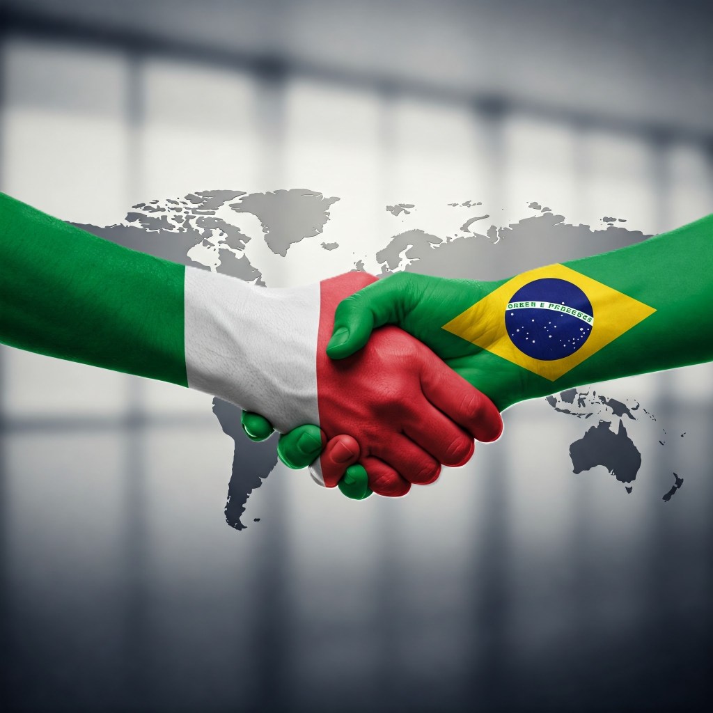 Two hands shaking, one painted with the colors of the Italian flag and the other with the colors of the Brazilian flag, set against a world map background.