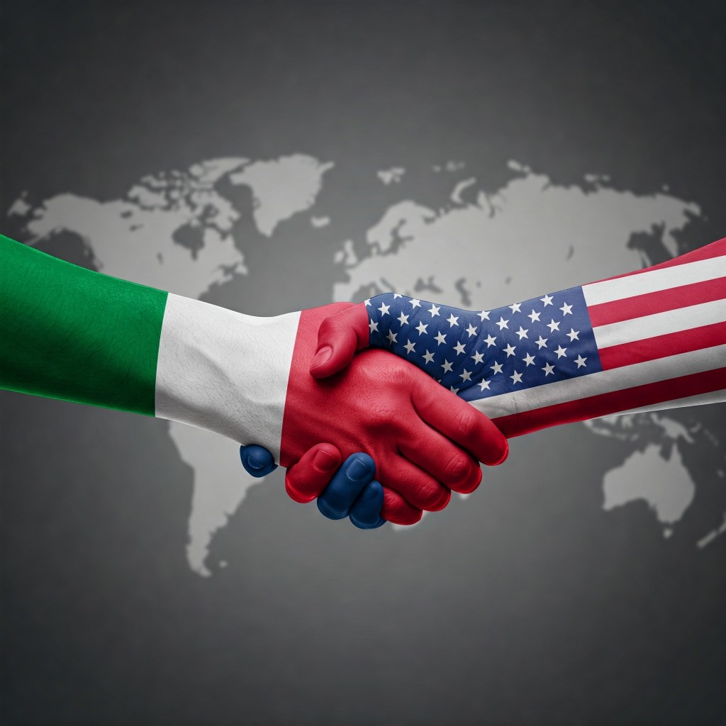 A handshake between a hand painted in the colors of the Italian flag and a hand painted in the colors of the American flag, with a faint world map in the background.