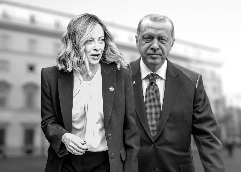 Italian Prime Minister Giorgia Meloni and Turkish President Recep Tayyip Erdoğan stand together during their bilateral meeting in Rome.