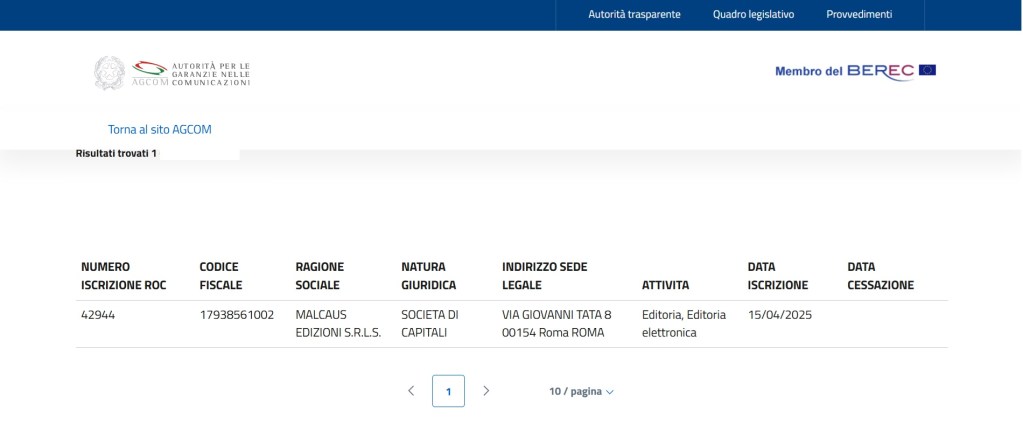 Screenshot of registration information for Malcaus Edizioni S.R.L.S. with details about its legal status, address, and activities.