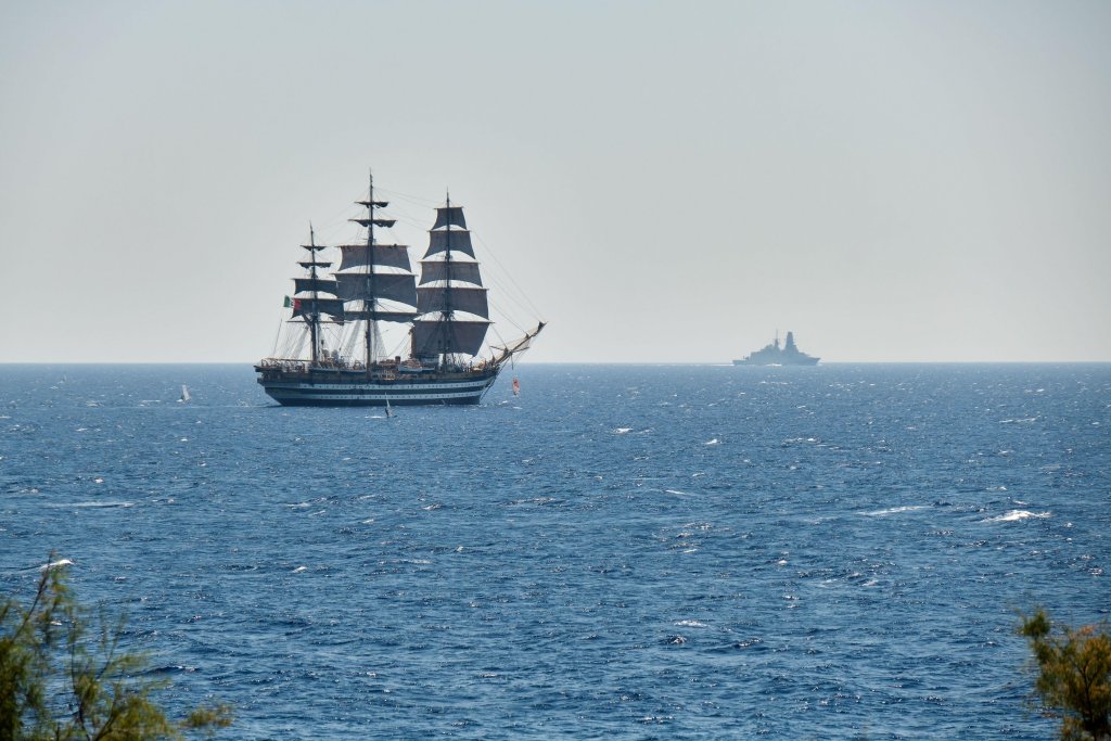 The Italian navy sail training ship Amerigo Vespucci sailing the Mediterranean Sea