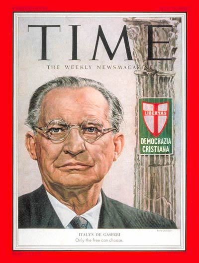 Time magazine cover featuring a portrait of Italy's De Gasperi, with a red background and the words 'LIBERTAS' and 'DEMOCRAZIA CRISTIANA' on a shield.