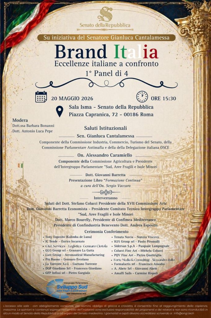 A formal event invitation for 'Brand Italia' hosted by Senator Gianluca Cantalamessa, featuring discussions on Italian excellence. Scheduled for May 20, 2026, at Sala Isma, Senate of the Republic in Rome. Includes institutional greetings and a book presentation.