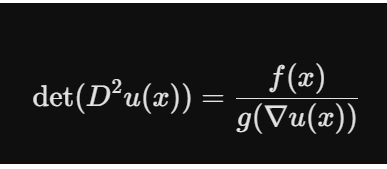 Mathematical equation showing the determinant of the Hessian matrix of a function u(x), related to functions f(x) and g(∇u(x))