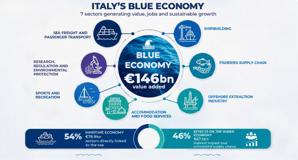 Infographic illustrating Italy's Blue Economy, highlighting seven sectors that generate value, jobs, and sustainable growth, including sea freight, shipbuilding, fisheries, offshore extraction, research, sports, and accommodation services. The infographic states a total value added of €146 billion and notes the maritime economy represents 54% of this figure.