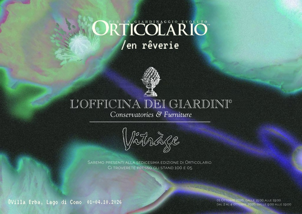 A promotional image for the Orticolaio event featuring colorful abstract designs with text announcing L'Officina dei Giardini's participation and details about the event at Villa Erba, Lago di Como from October 1-4, 2026.
