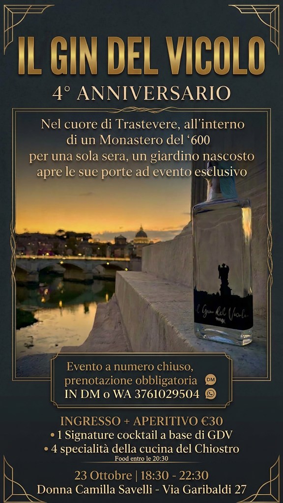 Promotional poster for the 4th anniversary of 'Il Gin del Vicolo' in Trastevere, featuring event details including location, entry price, and offerings.